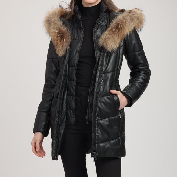 RUDSAK ATELIER NOIR SANDRA JACKET NAVY BLUE BLACK LEATHER REAL FUR HOOD XS - Picture 2 of 16